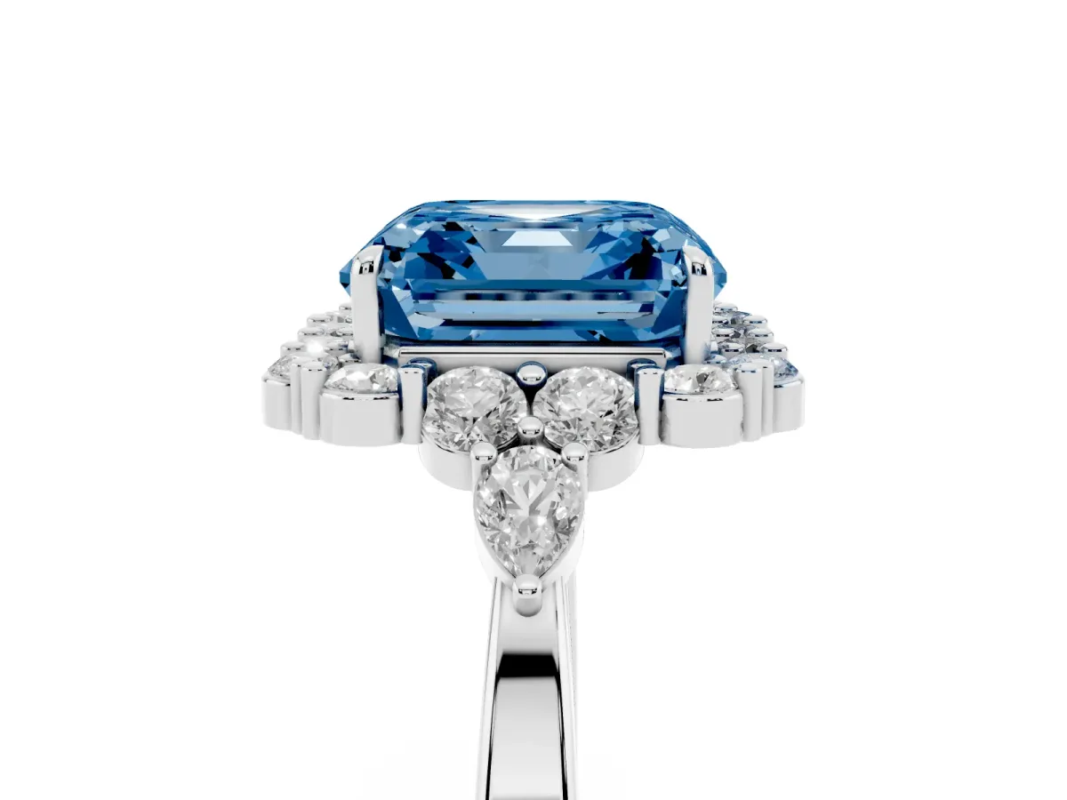 Fancy Blue Asscher Cut Diamond Halo Ring with Pear Side Stones and Prong Setting Silver