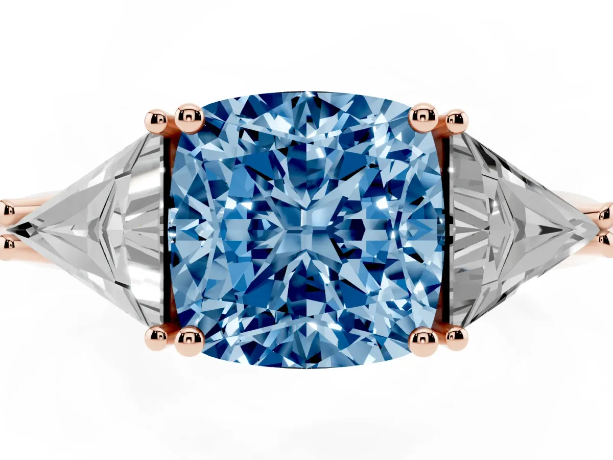 Fancy Blue Three-Stone Cushion Cut Diamond Engagement Ring with Trillion Side Stones and Prong Setting Rose gold