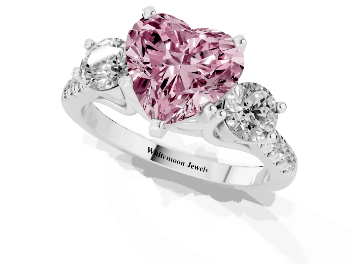 Fancy Pink Three-Stone Heart Cut Diamond Pavé Band with Four-Prong Setting Silver