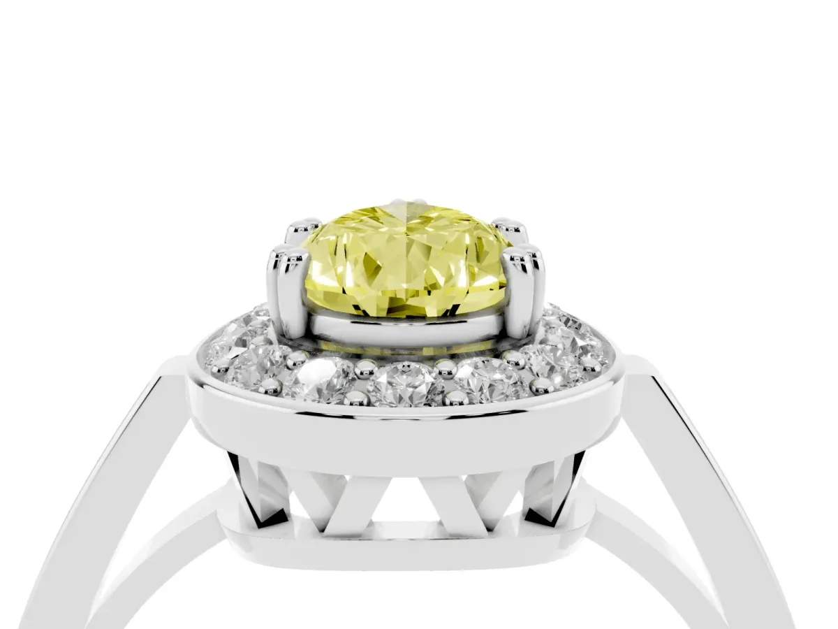 Fancy Yellow Pear Cut Diamond Halo Ring with Split Shank and Four-Prong Setting Silver