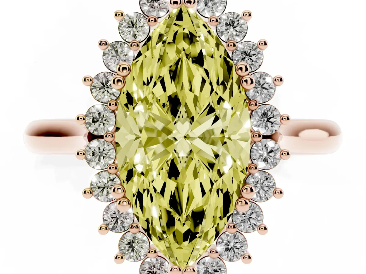 Fancy Yellow Marquise Cut Cut Diamond Halo Ring with Solitaire Band and Prong Setting Rose gold