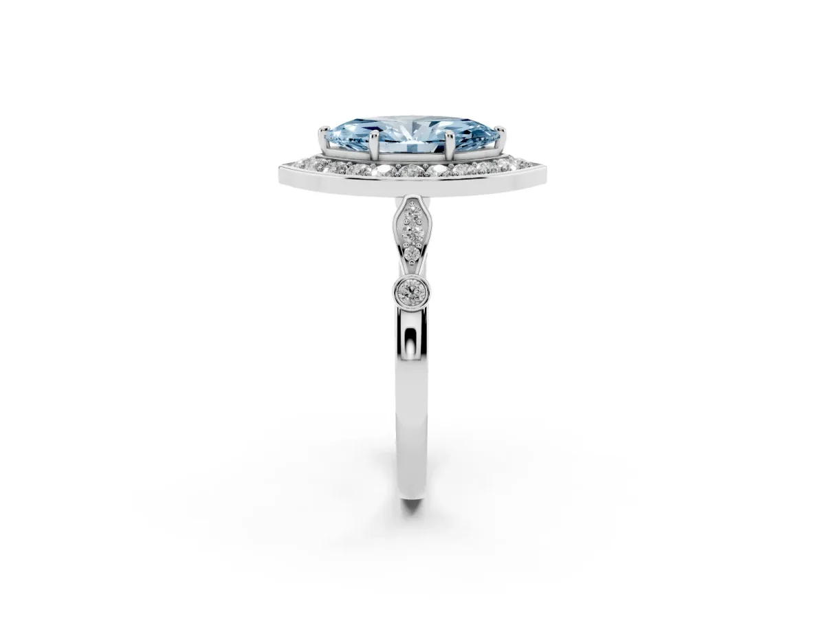 Fancy Blue Marquise Cut Halo Diamond Engagement Ring with Twisted Band and Four-Prong Setting White gold