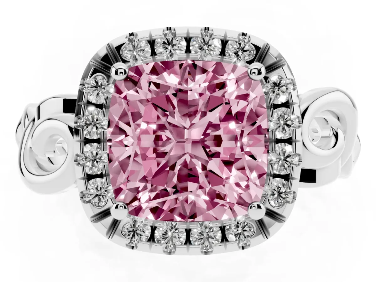 Fancy Pink Cushion Cut Cut Halo Diamond Ring with Scrollwork Band and Four-Prong Setting Silver