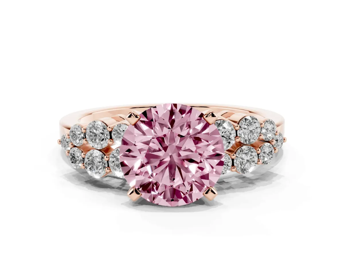Fancy Pink Round Cut Cluster Diamond Engagement Ring with Pavé Band and Four-Prong Setting Rose gold