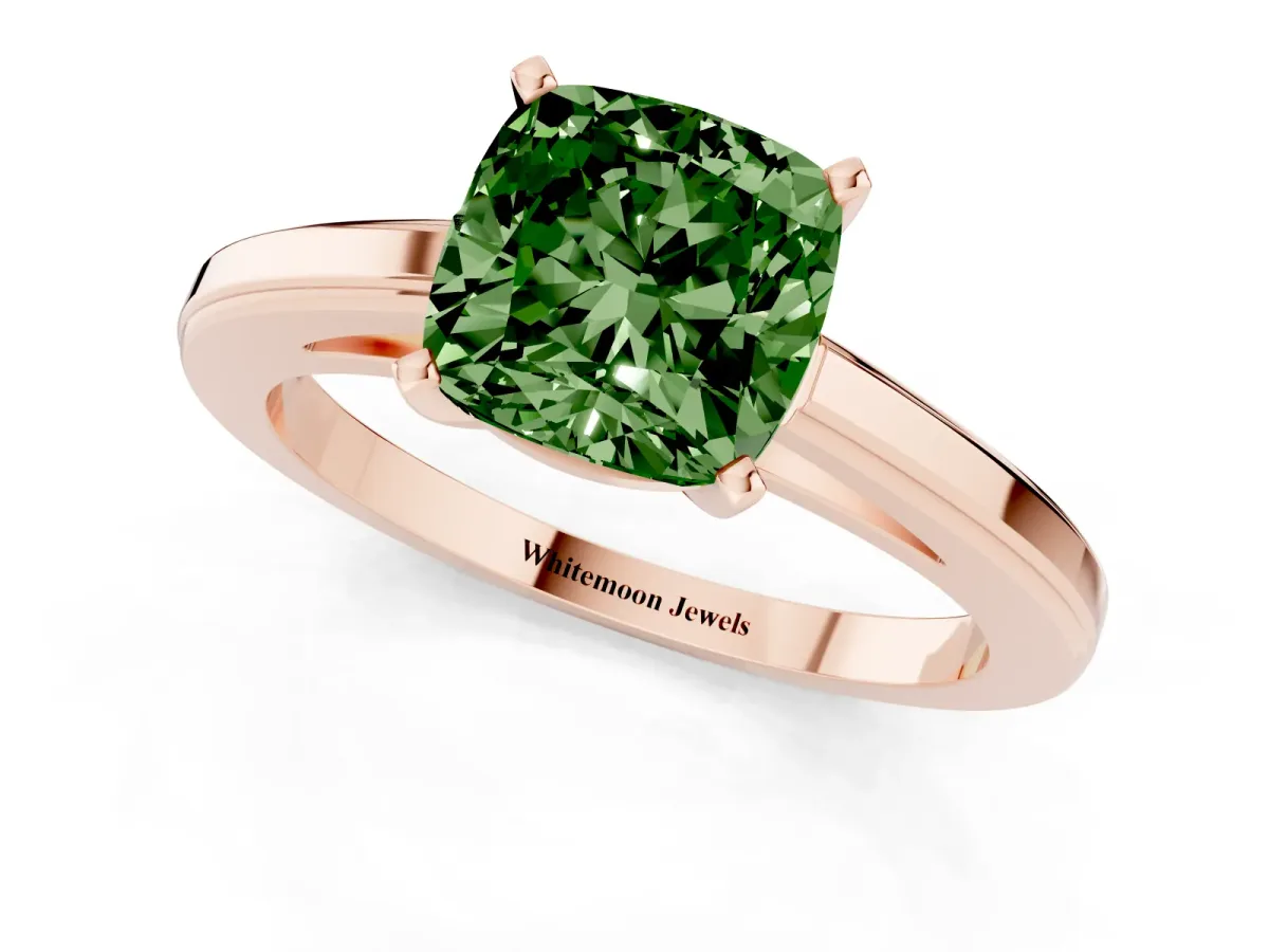 Fancy Green Cushion Cut Solitaire Diamond Ring with Four-Prong Setting and Classic Band Rose gold