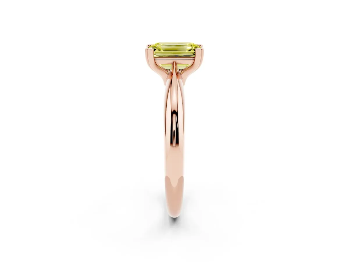 Fancy Yellow Emerald Cut Cut Solitaire Engagement Ring with Tapered Band and Four-Prong Setting Rose gold