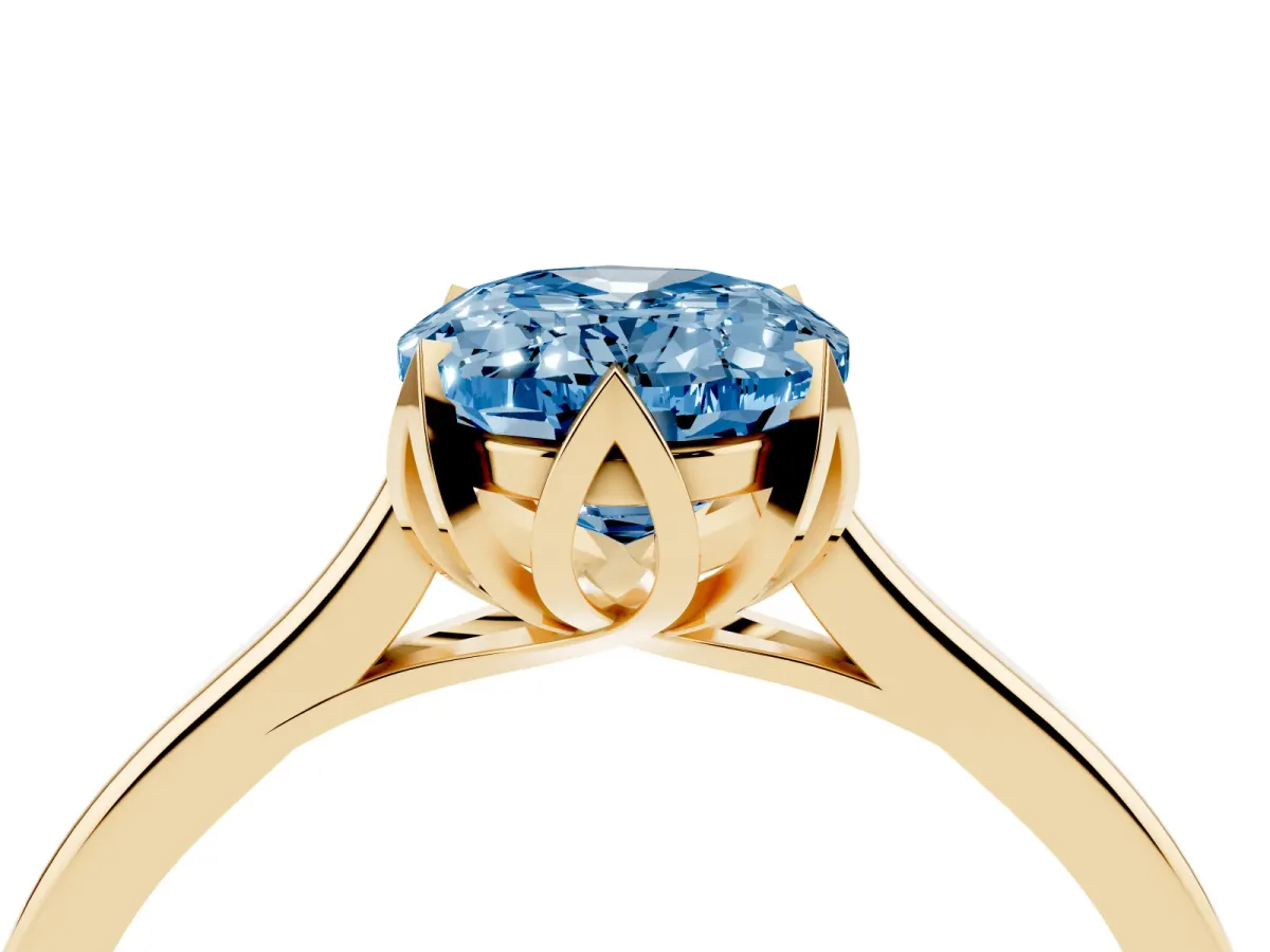 Fancy Blue Oval Cut Diamond Solitaire Ring with Flower Prong Setting and Classic Band Yellow gold