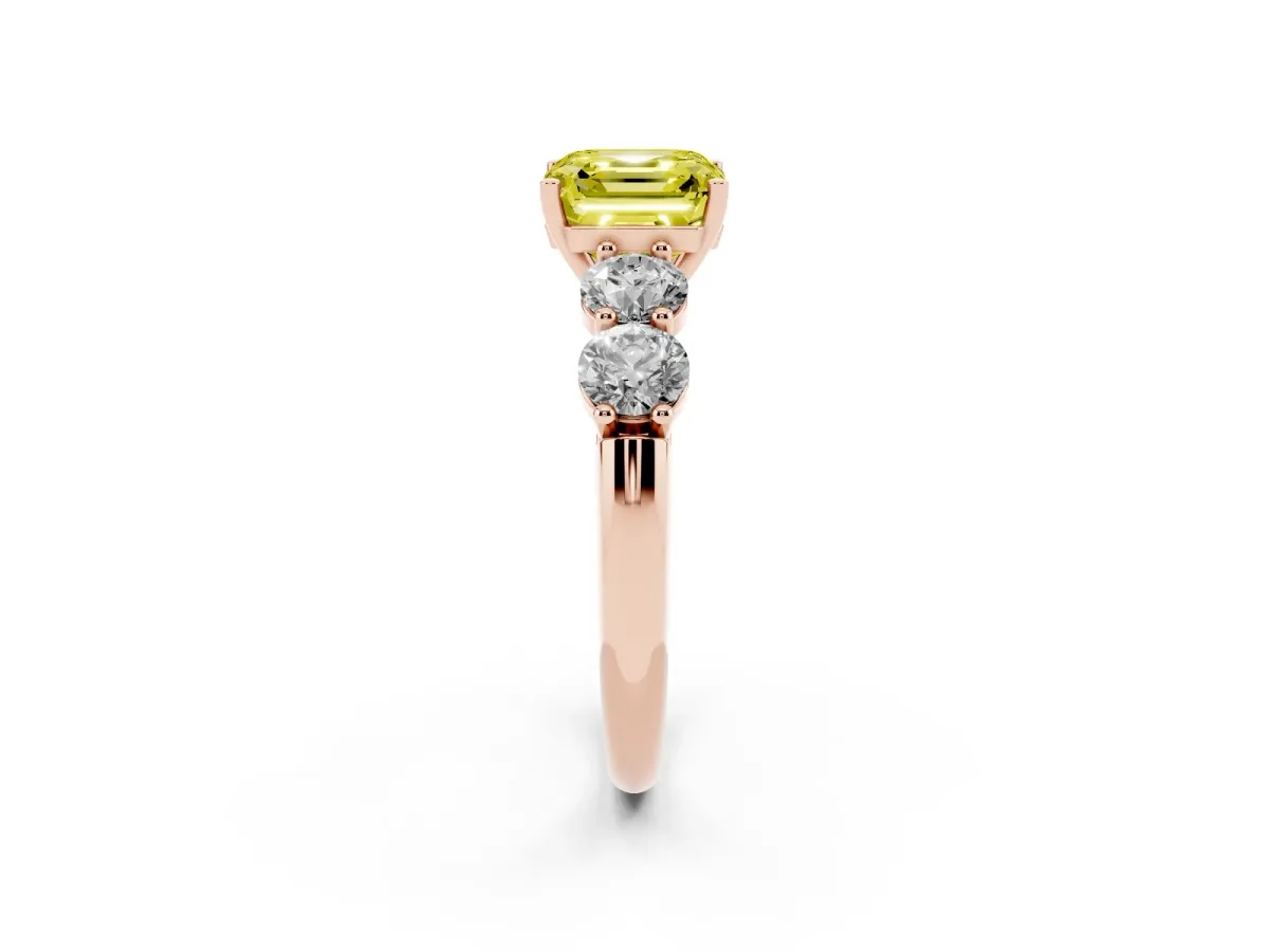 Fancy Yellow Asscher Cut Cut Five-Stone Prong Set Diamond Ring with Classic Band Rose gold