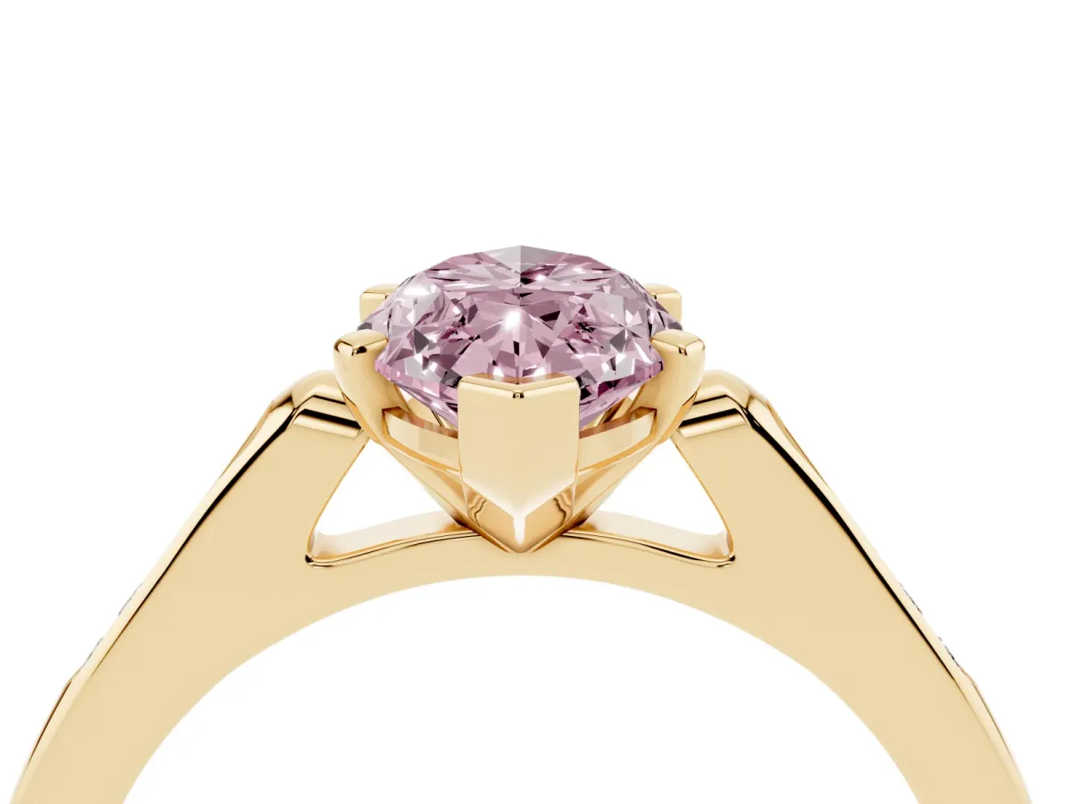 Fancy Pink Marquise Cut Diamond Solitaire Ring with Channel Set Round Band and Prong Setting Yellow gold