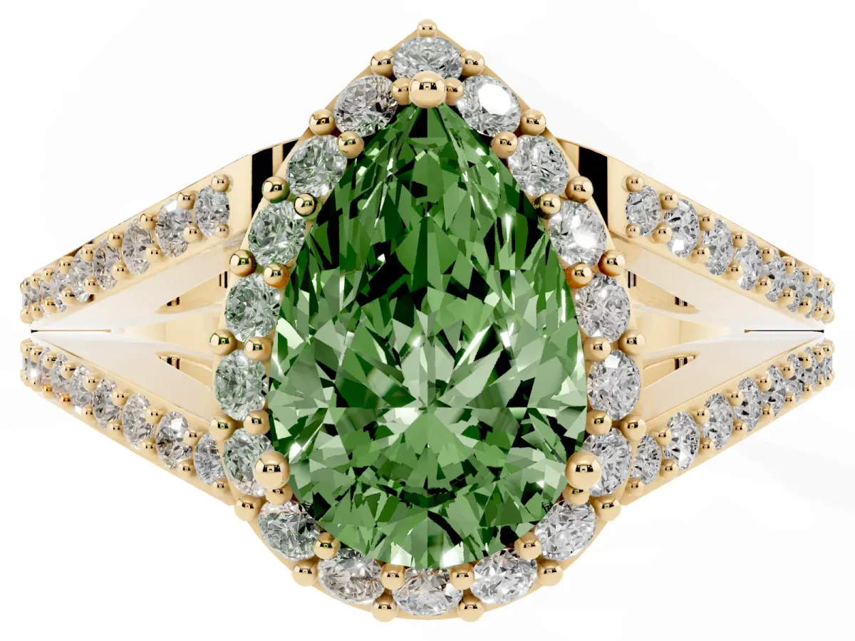 Fancy Green Pear Cut Halo Split Shank Diamond Ring with Prong Setting Yellow gold