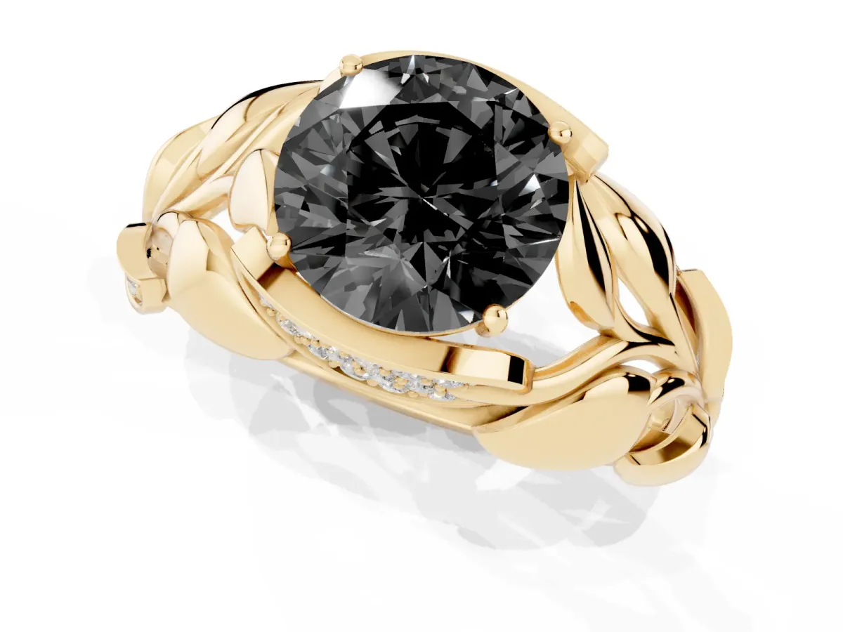 Fancy Black Round Cut Diamond Leaf-Inspired Engagement Ring with Round Accents and Prong Setting Yellow gold