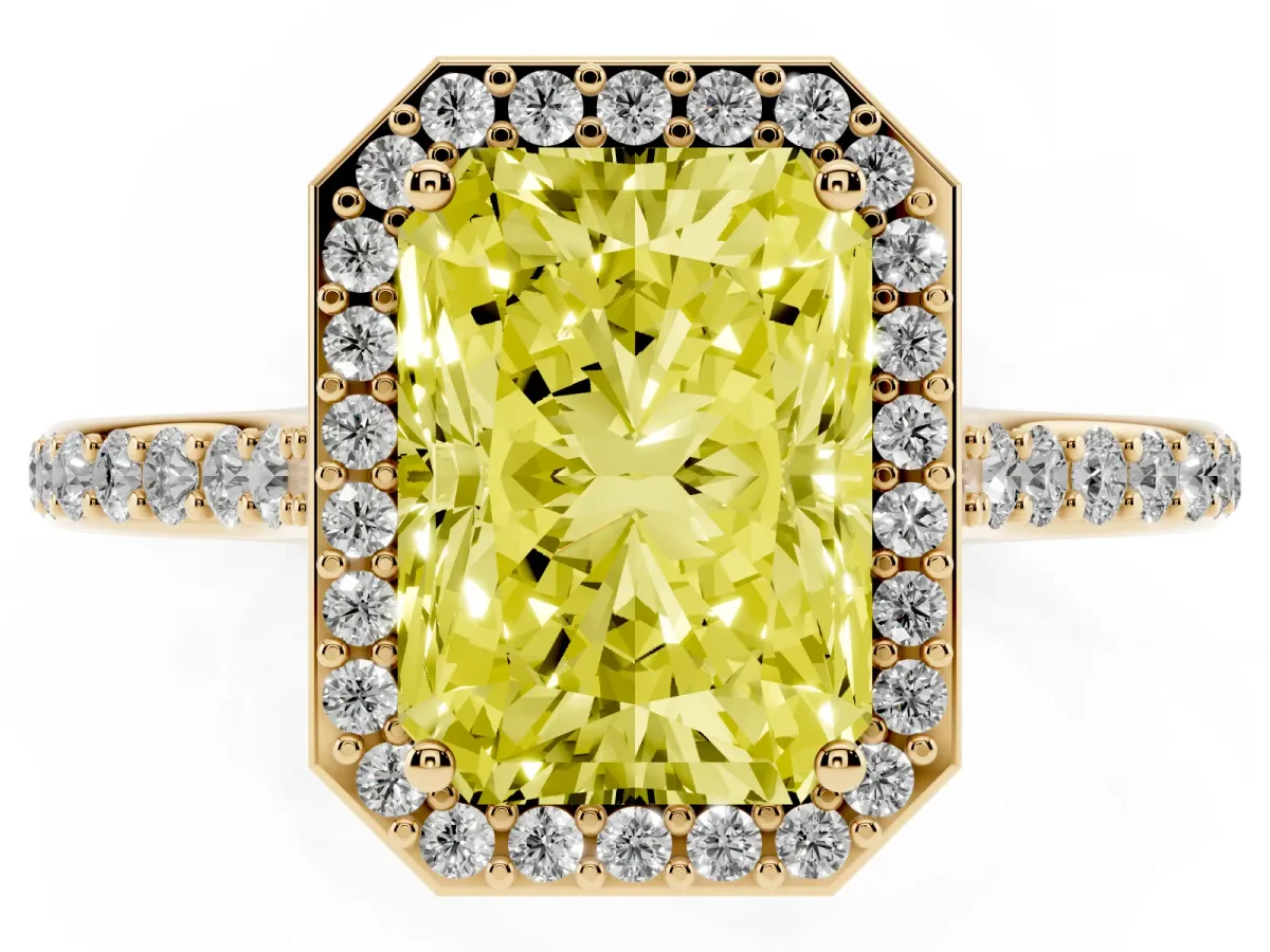 Fancy Yellow Radiant Cut Diamond Halo Engagement Ring with Round Pavé Shoulders and Prong Setting Yellow gold