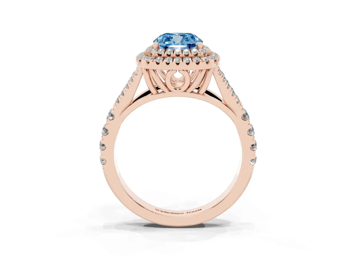 Fancy Blue Cushion Cut Diamond Pavé Split Shank Double Halo Engagement Ring Rose gold
