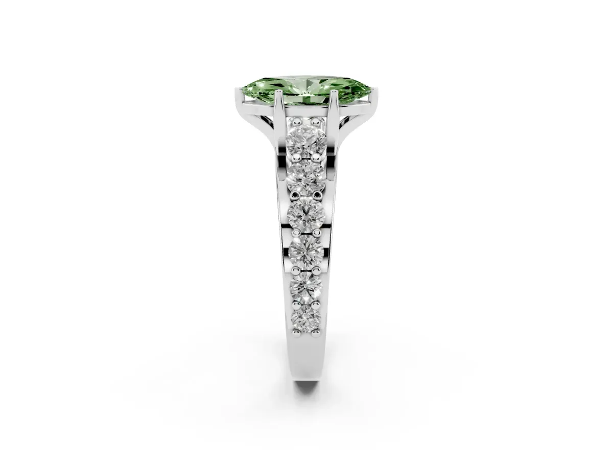 Fancy Green Marquise Cut Diamond Engagement Ring with Pavé Band and Four-Prong Setting Silver
