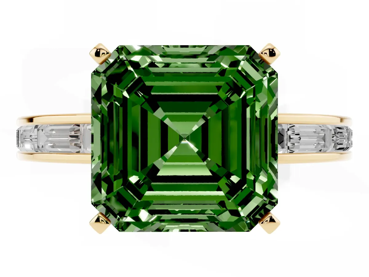 Fancy Green Asscher Cut Solitaire Diamond Ring with Channel-Set Baguette Band and Four-Prong Setting Yellow gold