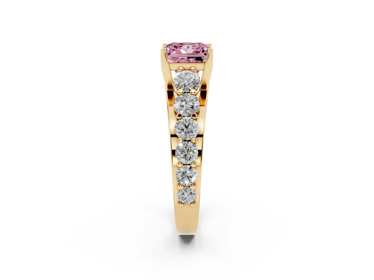 Fancy Pink Princess Cut Diamond Engagement Ring with Pavé Band and Four-Prong Setting Yellow gold