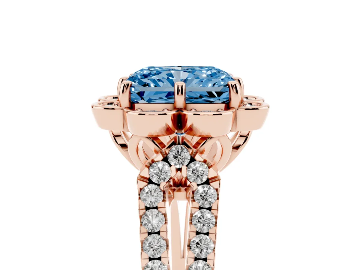 Fancy Blue Radiant Cut Halo Diamond Floral Split Shank Engagement Ring Rose gold