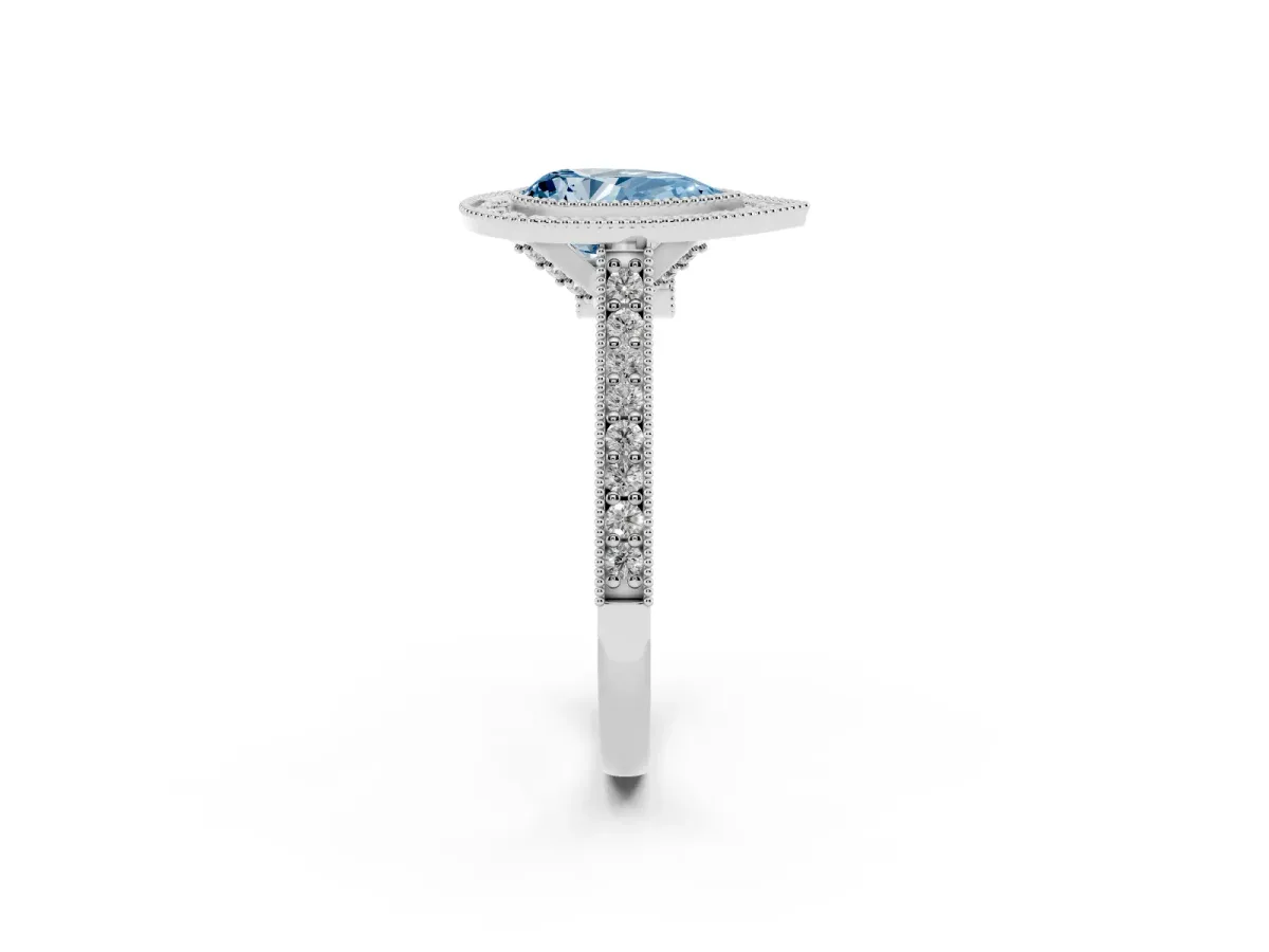 Fancy Blue Halo Pear Cut-Cut Diamond Pave Band Milgrain Prong Setting Ring Silver
