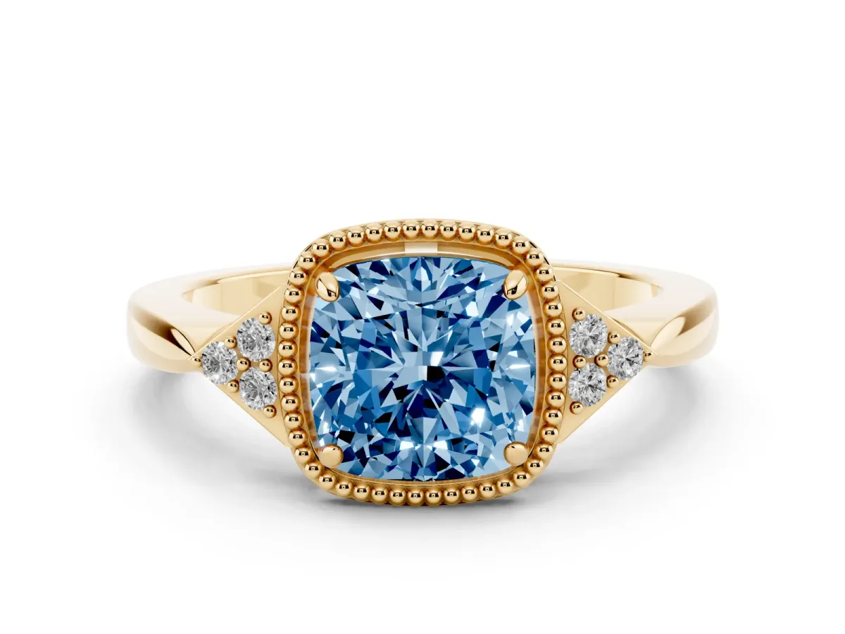 Fancy Blue Cushion Cut Diamond Halo Ring with Tapered Band and Four-Prong Setting Yellow gold