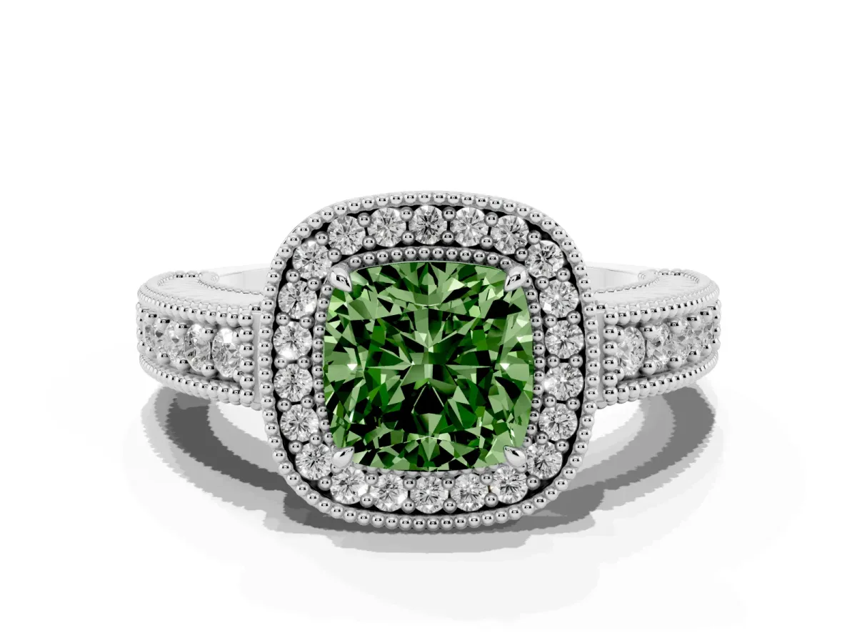 Fancy Green Cushion Cut Cut Halo Diamond Ring with Pavé Band and Four-Prong Setting Silver