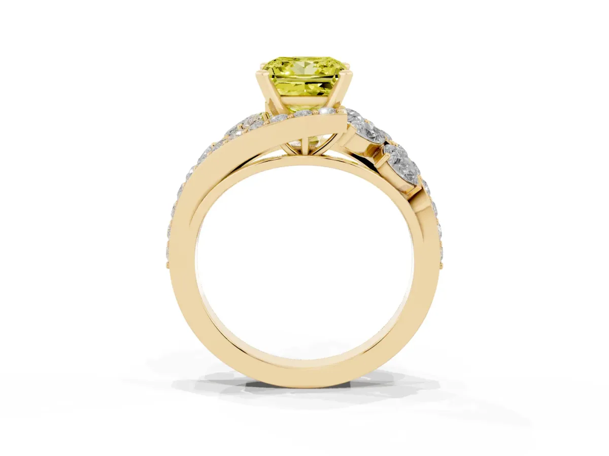 Fancy Yellow Princess Cut Diamond Halo Ring with Marquise and Pavé Band in Prong Setting Yellow gold