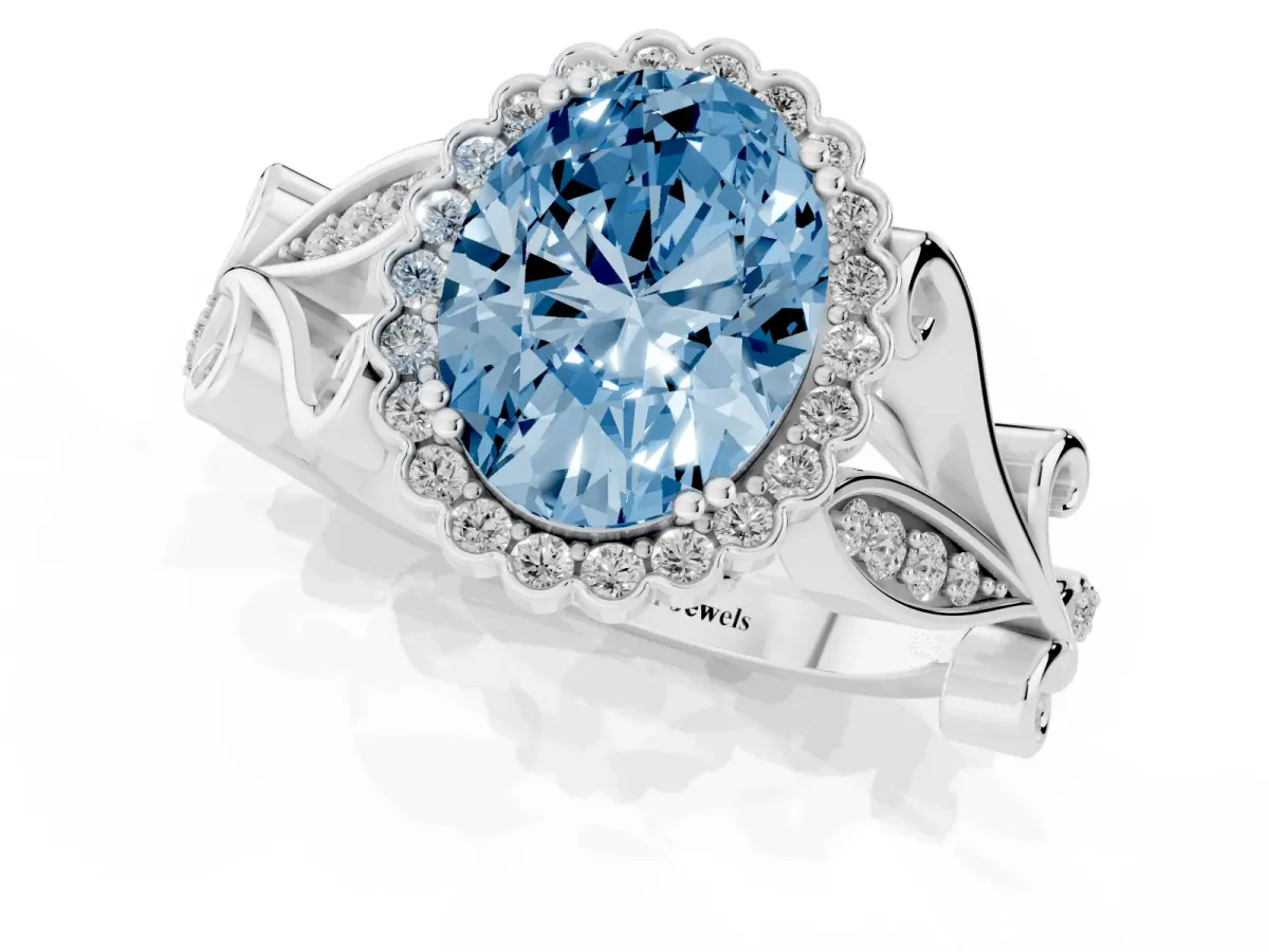 Fancy Blue Oval Cut Diamond Halo Ring with Vintage Split Shank and Four-Prong Setting Silver