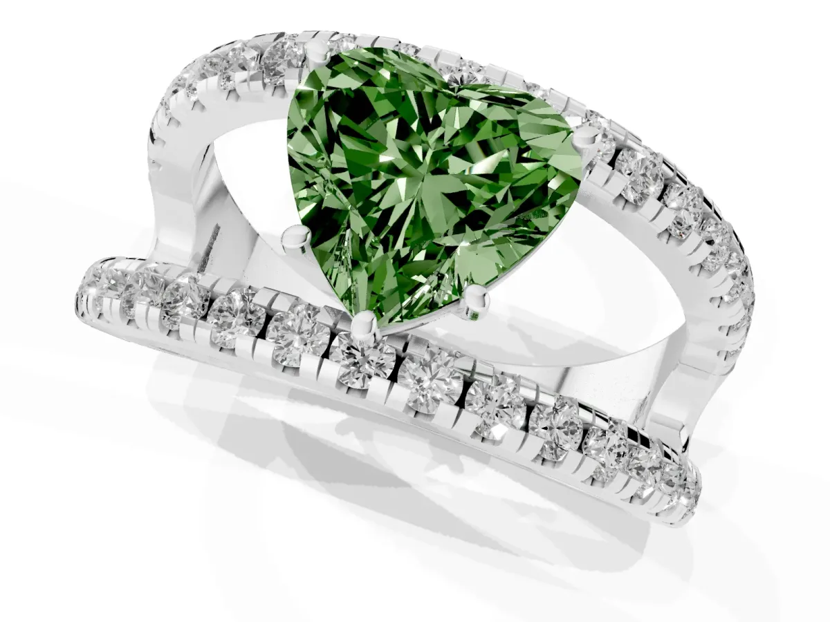 Fancy Green Heart Cut Solitaire Split Shank Pave Diamond Ring Platinum