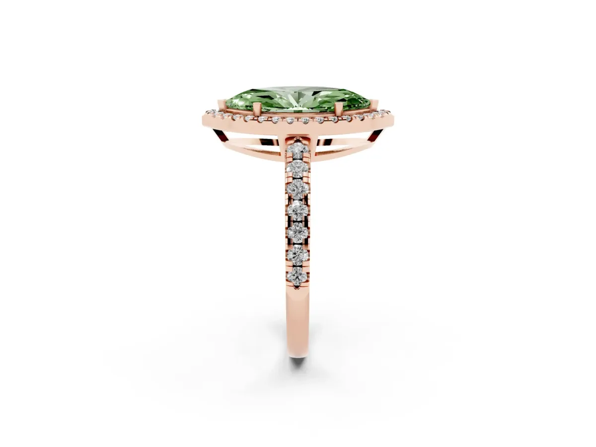 Fancy Green Marquise Cut Diamond Halo Ring with Pavé Band and Four-Prong Setting Rose gold