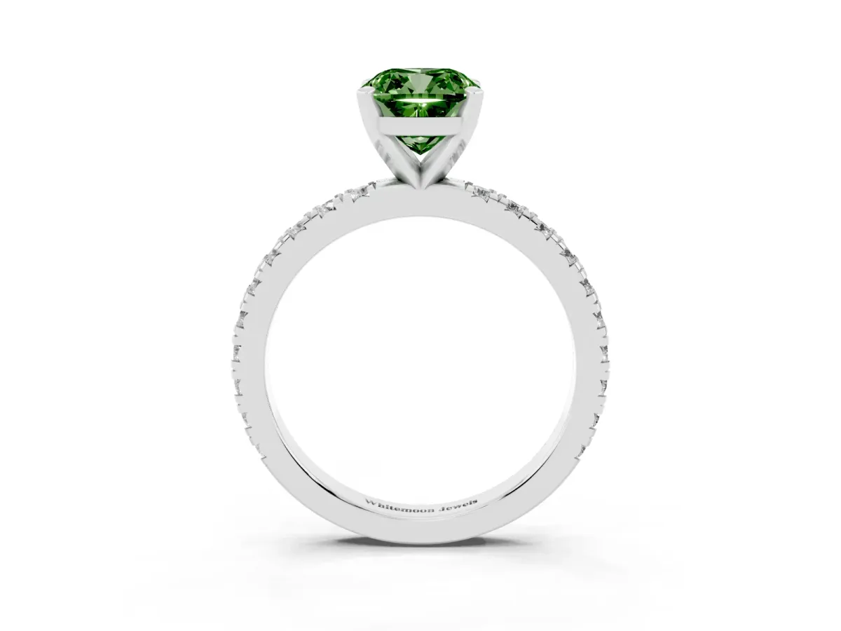 Fancy Green Cushion Cut Diamond Pavé Band Solitaire with Four-Prong Setting Silver