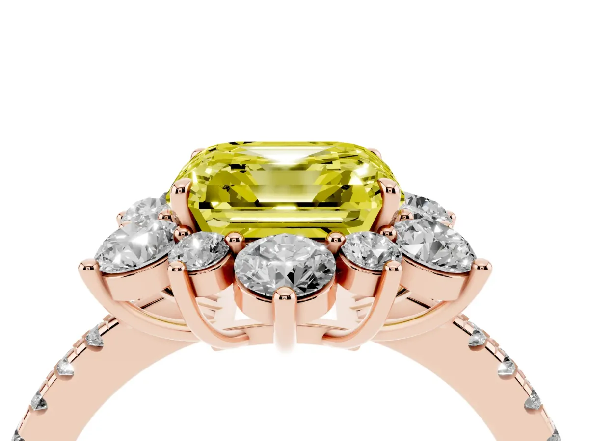 Fancy Yellow Asscher Cut Diamond Floral Halo Ring with Round Pavé Band and Prong Setting Rose gold