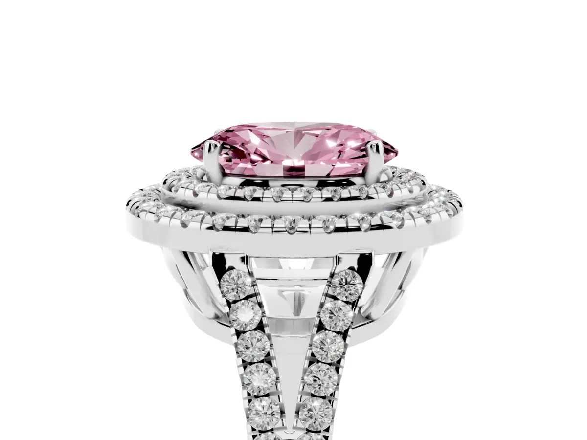 Fancy Pink Oval Cut Diamond Double Halo Ring with Pavé Band and Prong Setting Silver