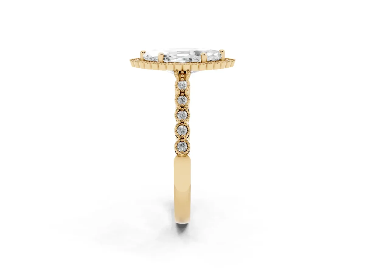 Marquise Cut Cut Halo Pavé Solitaire Ring with Milgrain Band Yellow gold