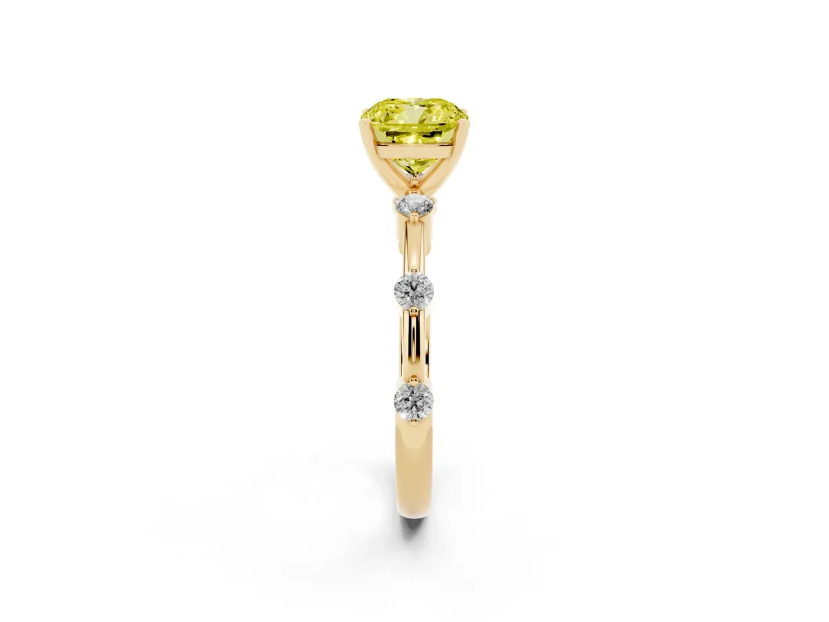 Fancy Yellow Cushion Cut Solitaire Diamond Ring with Bezel Set Side Stones and Prong Setting Yellow gold
