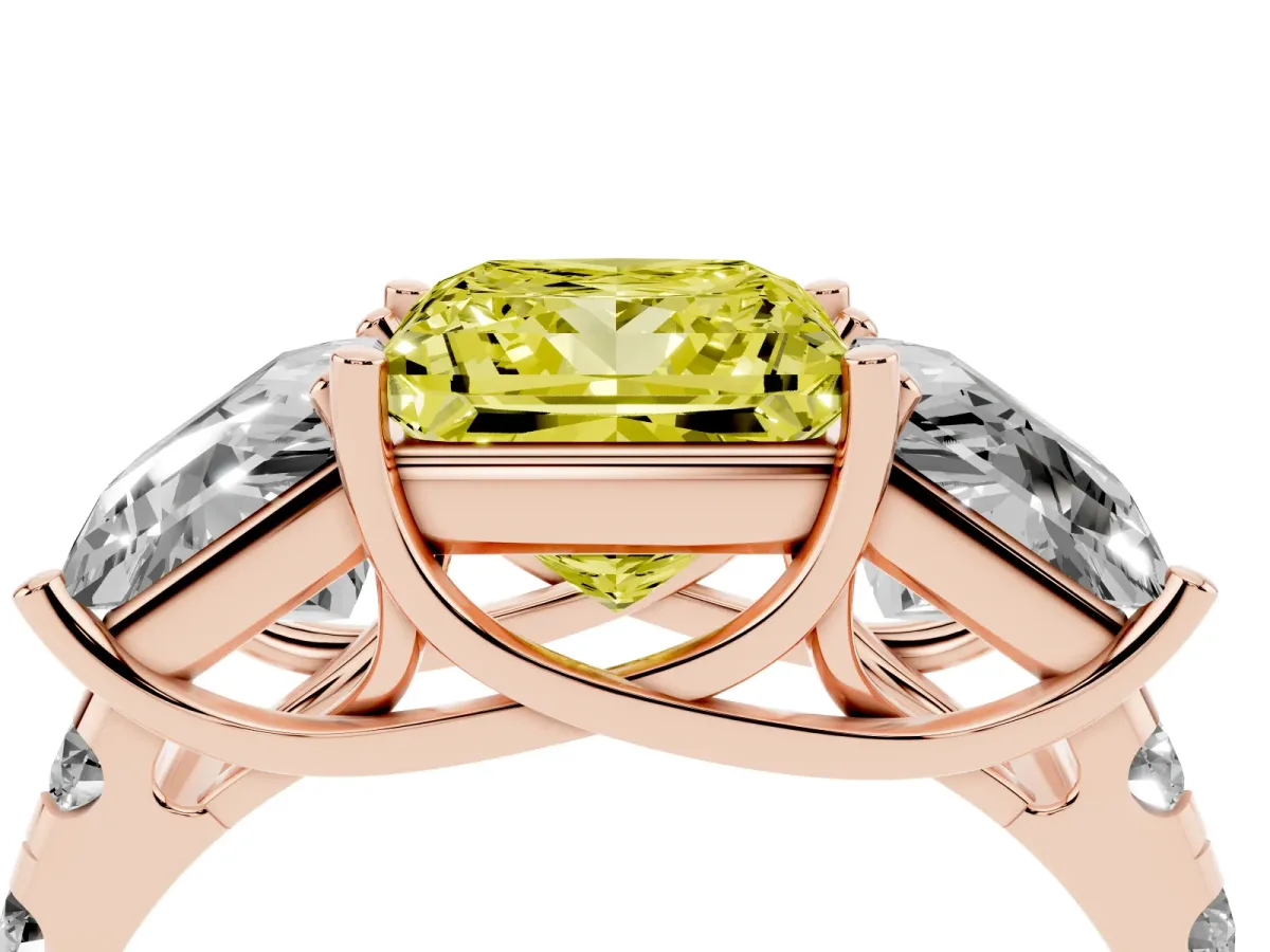Fancy Yellow Three-Stone Princess Cut Diamond Pavé Band with Prong Setting Rose gold