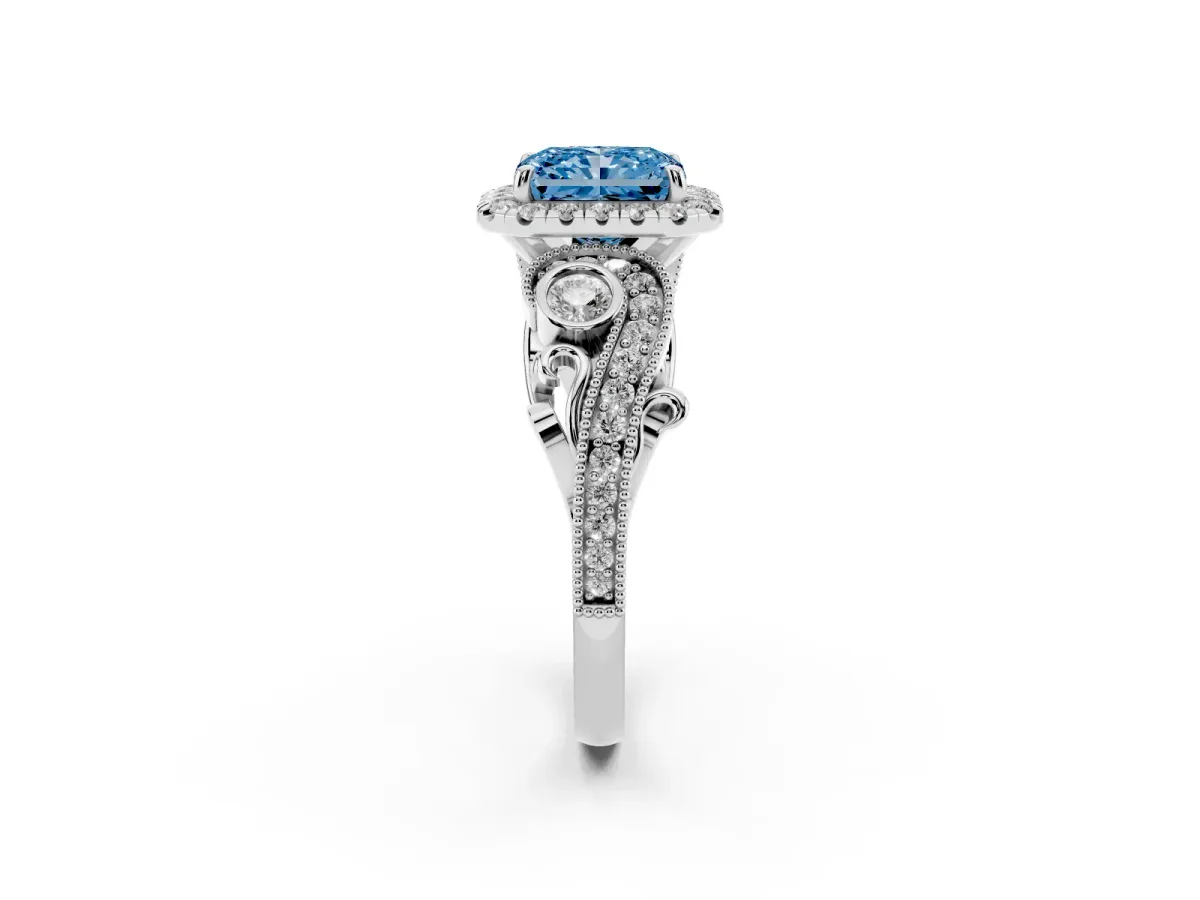 Fancy Blue Radiant Cut Halo Diamond Ring with Milgrain and Bezel Accents on a Split Shank Band Platinum