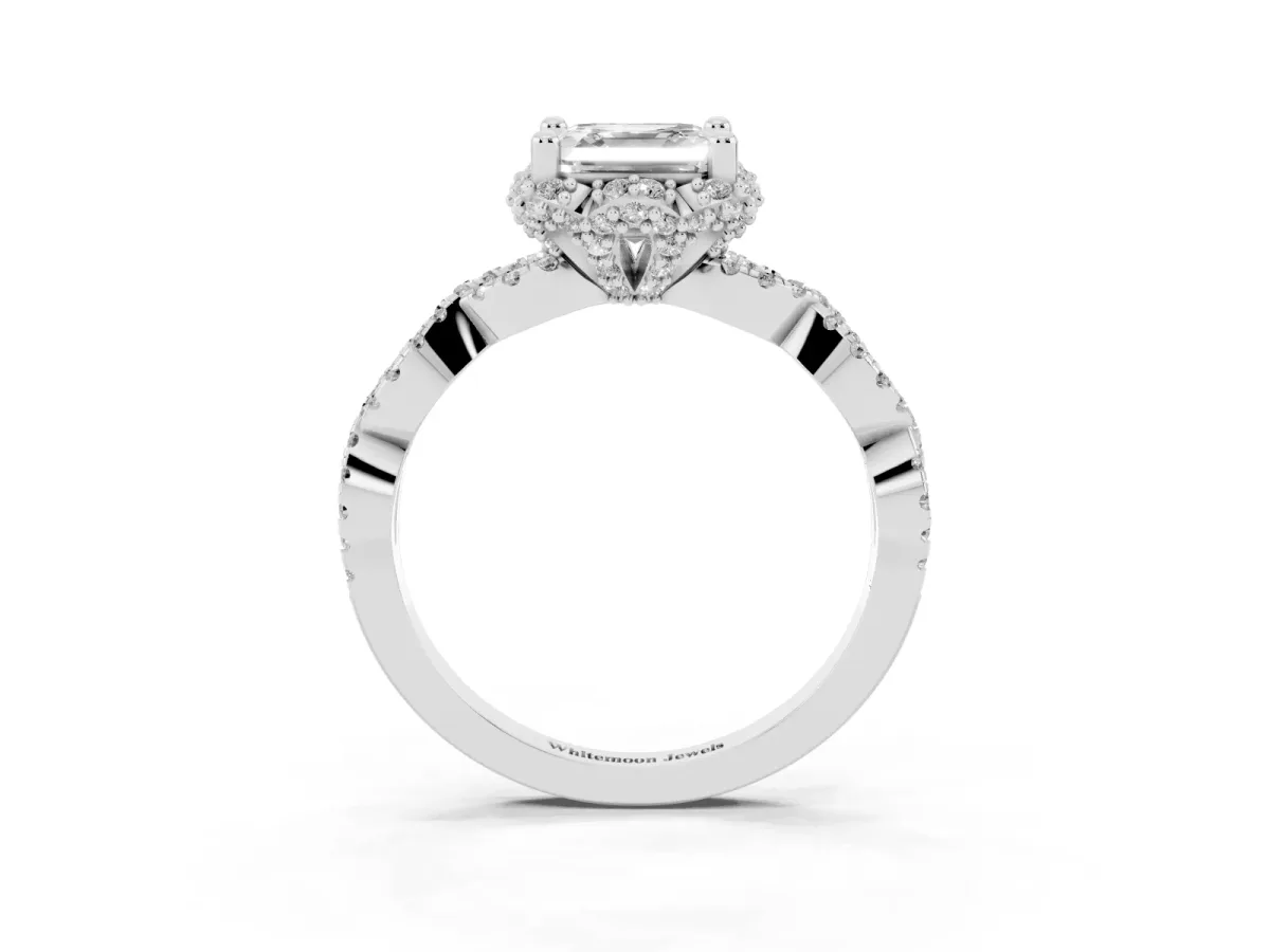 Asscher Cut Halo Twist Band Solitaire Ring with Six-Prong Setting Silver