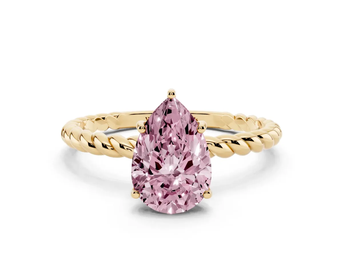 Fancy Pink Pear Cut Solitaire Twist Band Ring with Four-Prong Setting Yellow gold