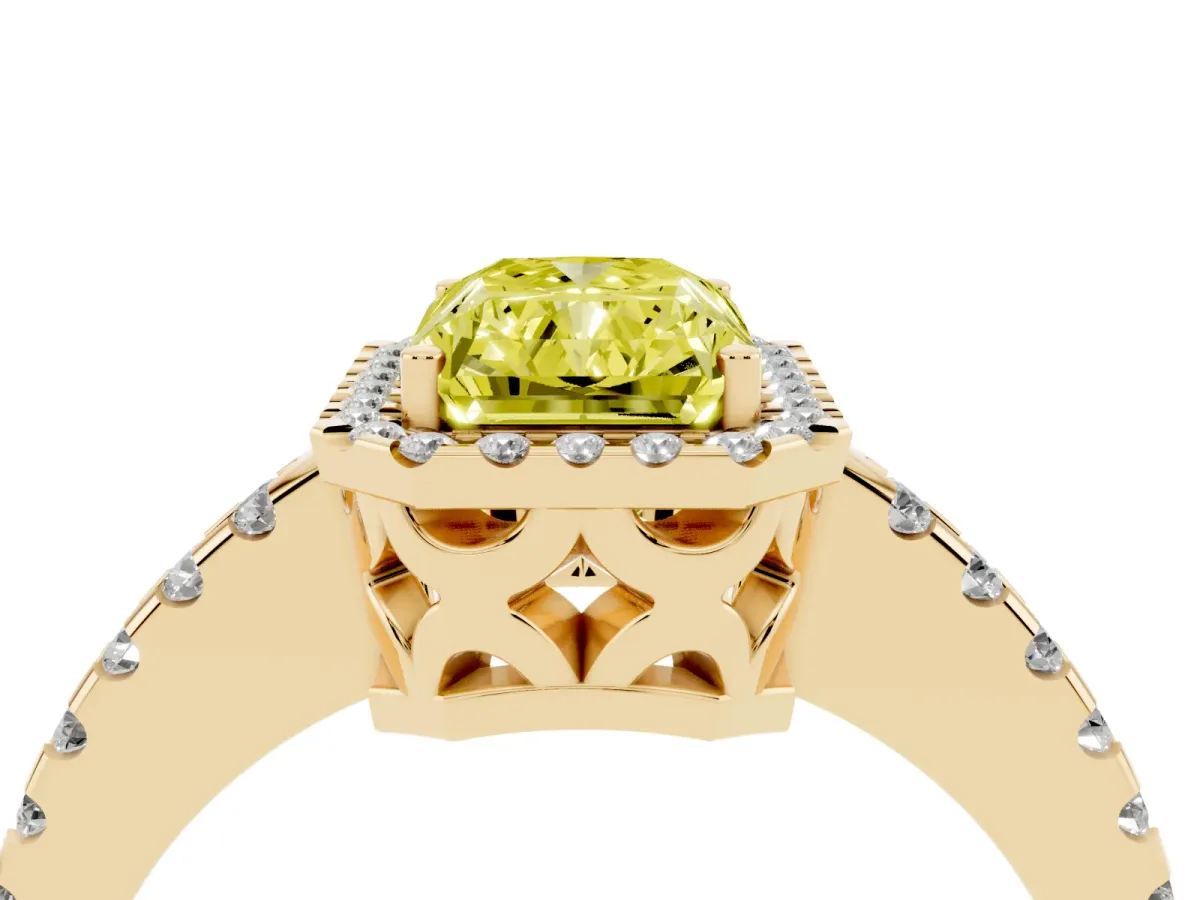 Fancy Yellow Radiant Cut Diamond Halo Engagement Ring with Pavé Band and Prong Setting Yellow gold