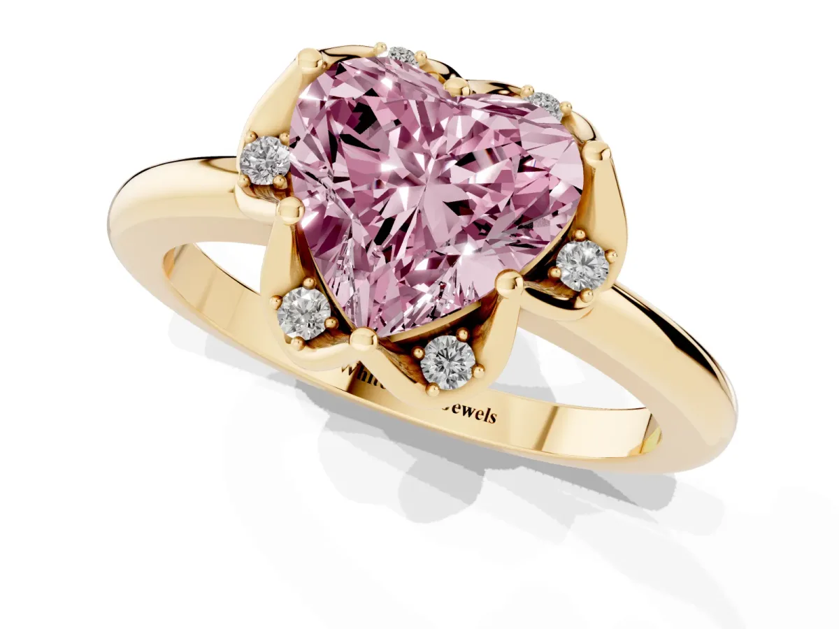 Fancy Pink Heart Cut Halo Diamond Ring with Round Cluster Setting, Solitaire Band, and Four-Prong Setting Yellow gold