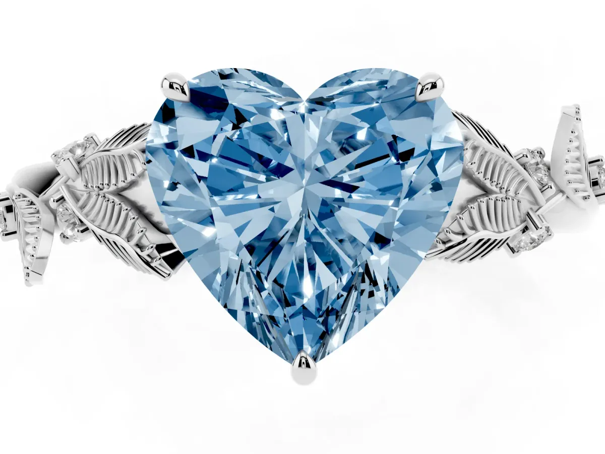 Fancy Blue Heart Cut Diamond Solitaire Ring with Leaf Motif Band and Four-Prong Setting Platinum