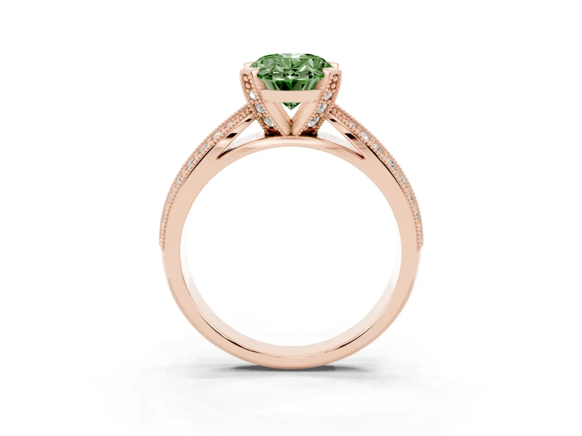 Fancy Green Oval Cut Diamond Solitaire Ring with Milgrain Round Pavé Band and Prong Setting Rose gold