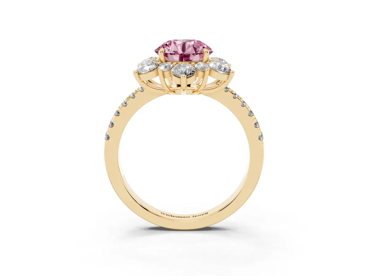 Fancy Pink Round Cut Diamond Floral Halo Ring with Round Pavé Band and Prong Setting Yellow gold