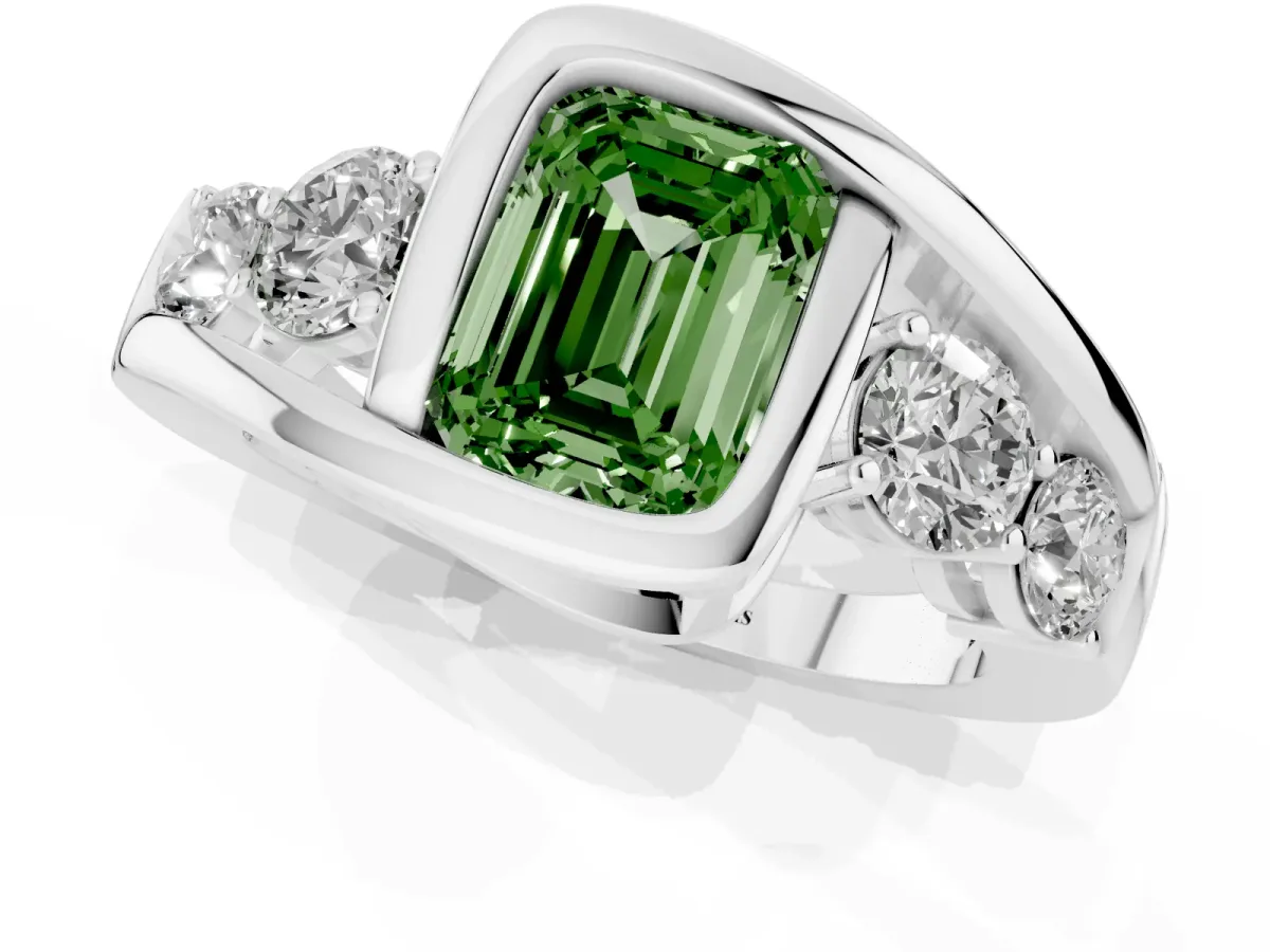 Fancy Green Bezel Set Emerald Cut Diamond Bypass Ring with Round Accents Silver
