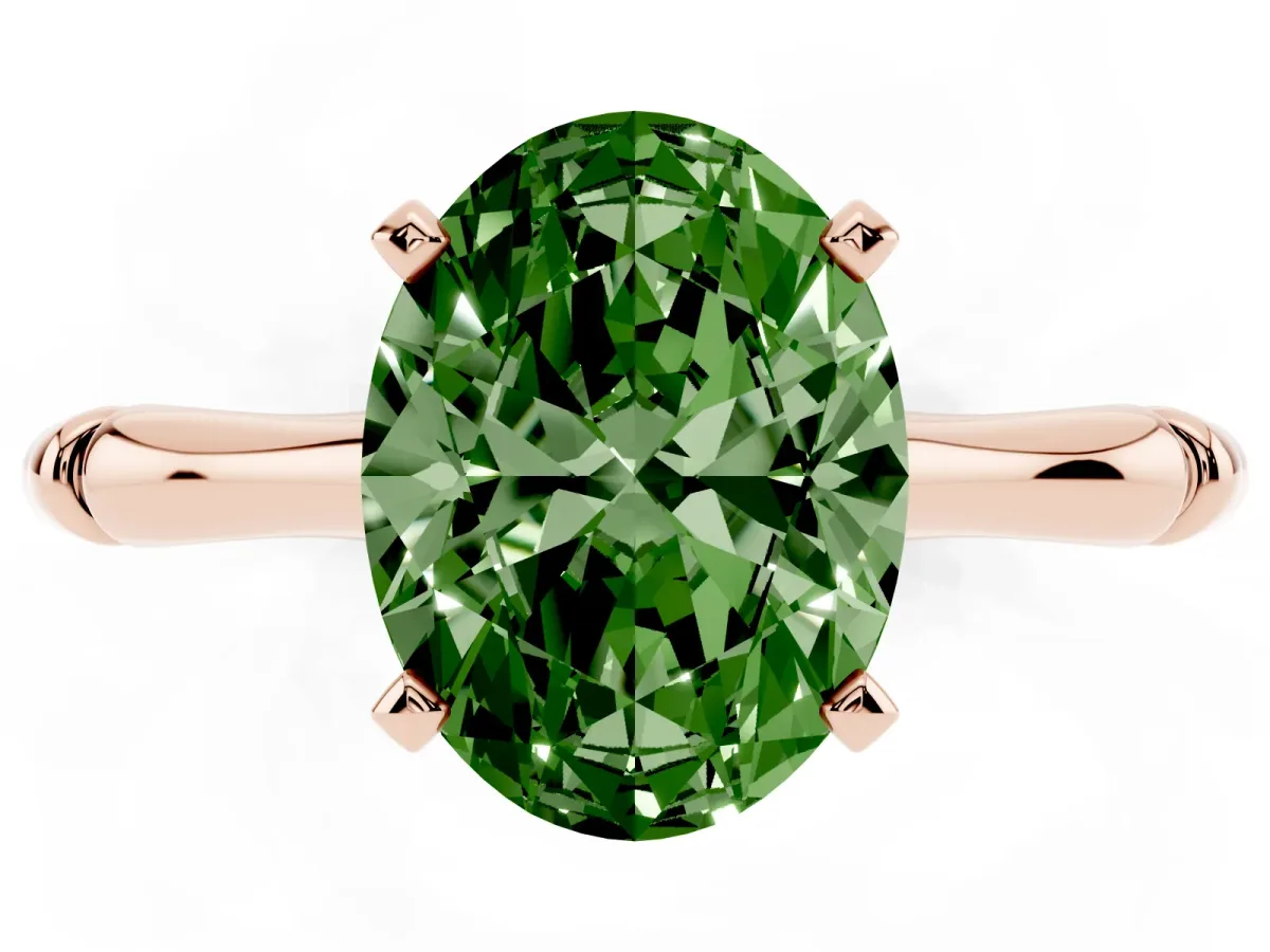 Fancy Green Oval Cut Solitaire Diamond Ring with Bamboo Band and Four-Prong Setting Rose gold