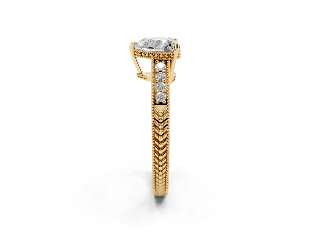 Heart Cut Solitaire Pavé Diamond Milgrain Engagement Ring with Four-Prong Setting Yellow gold