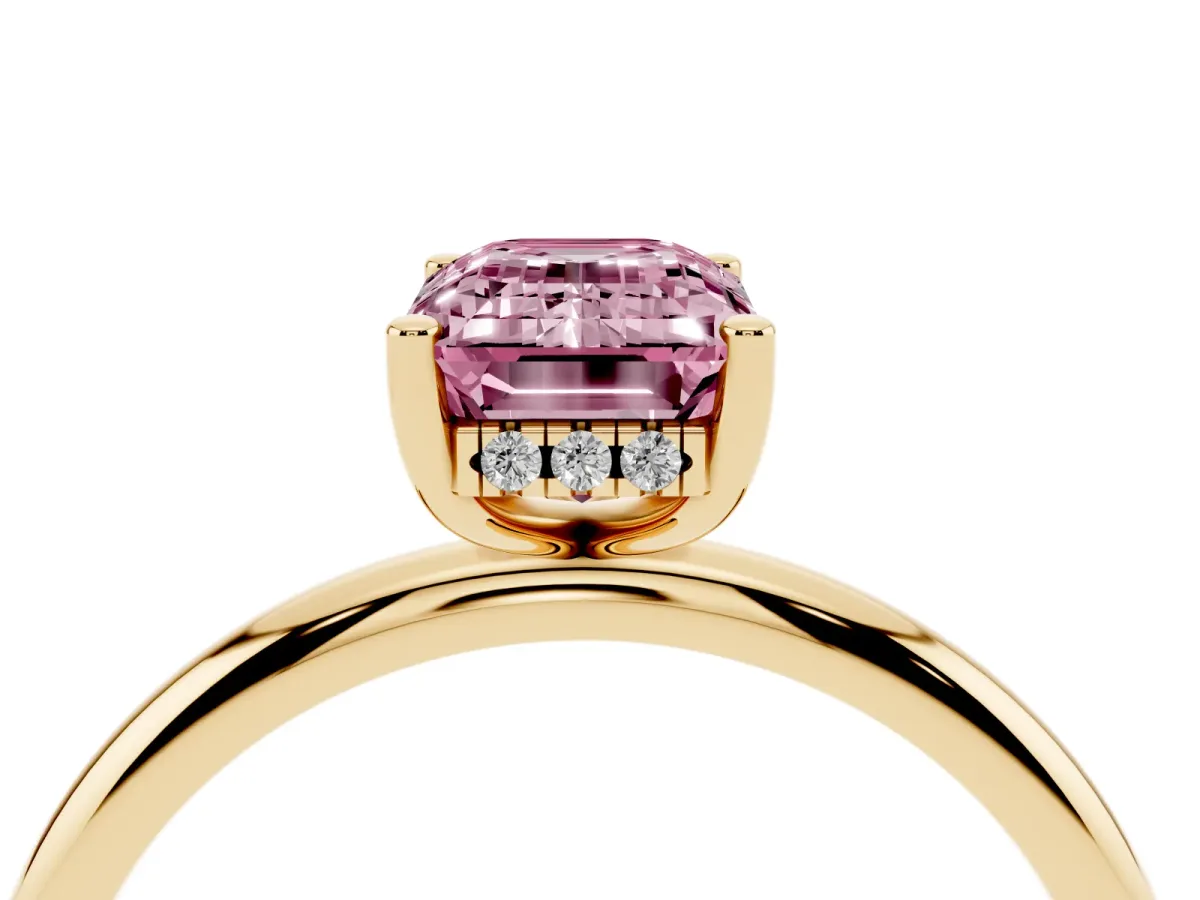 Fancy Pink Emerald Cut Cut Solitaire Engagement Ring with Four-Prong Setting and Classic Band Yellow gold