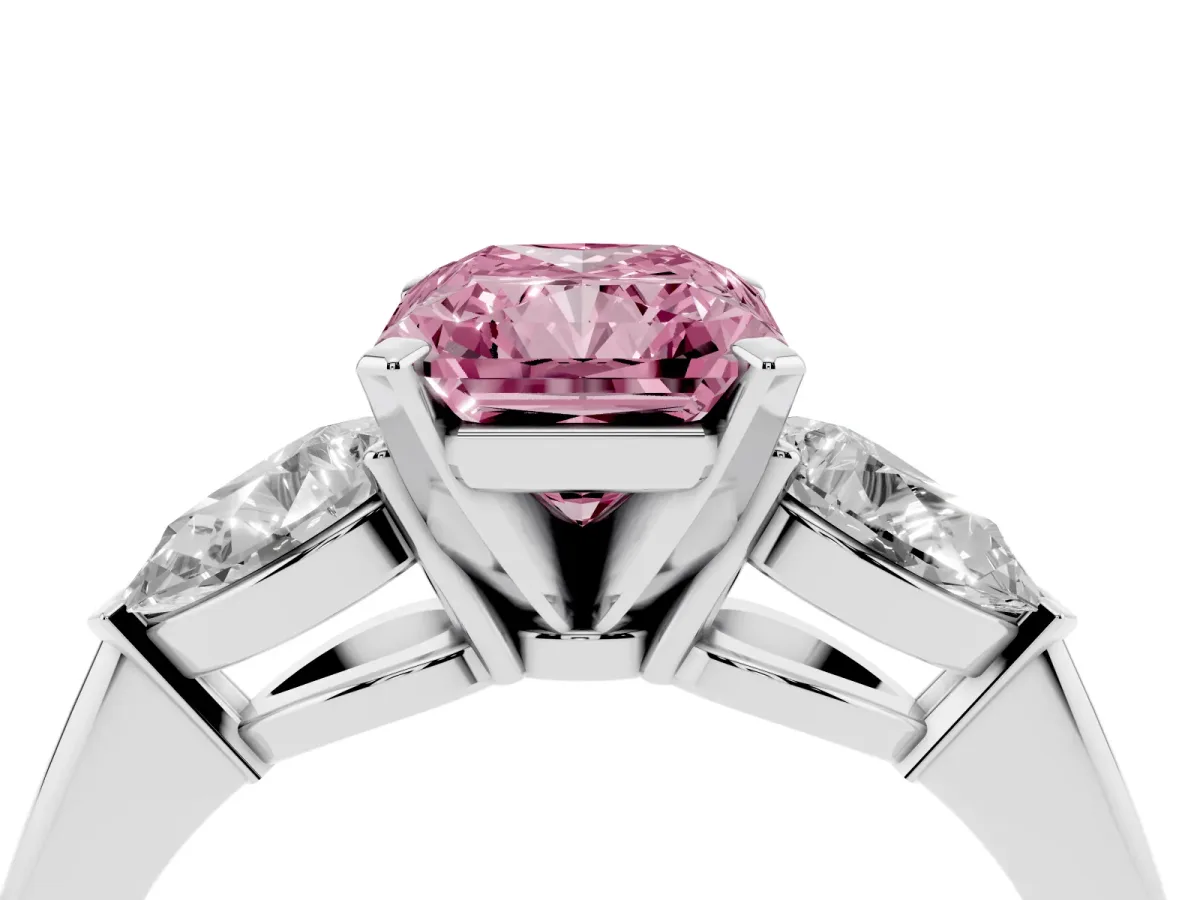 Fancy Pink Three-Stone Radiant Cut Diamond Ring with Pear Side Stones and Four-Prong Setting Silver