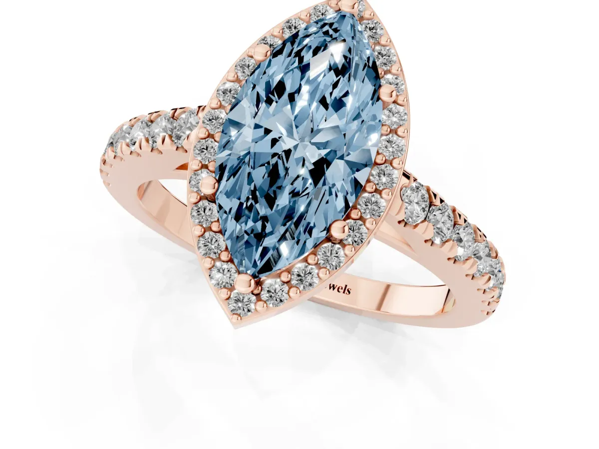 Fancy Blue Marquise Cut Cut Halo Diamond Engagement Ring with Pave Band and Four-Prong Setting Rose gold