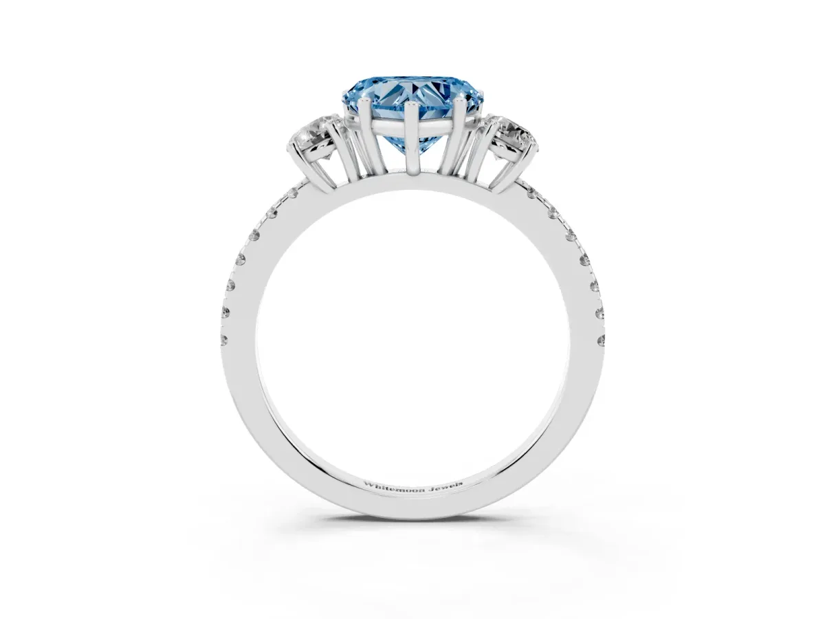 Fancy Blue Three-Stone Heart Cut Cut Diamond Pavé Band with Prong Setting Platinum