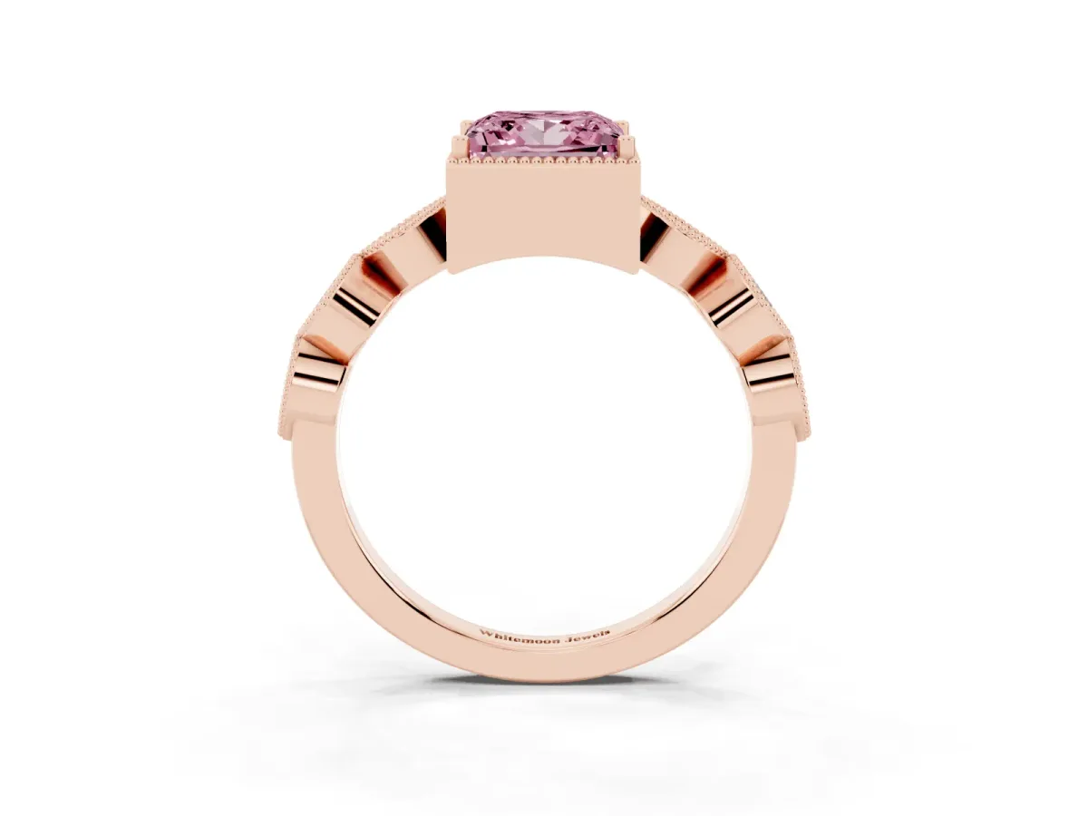 Fancy Pink Princess Cut Diamond Vintage Milgrain Ring with Round Stations Rose gold